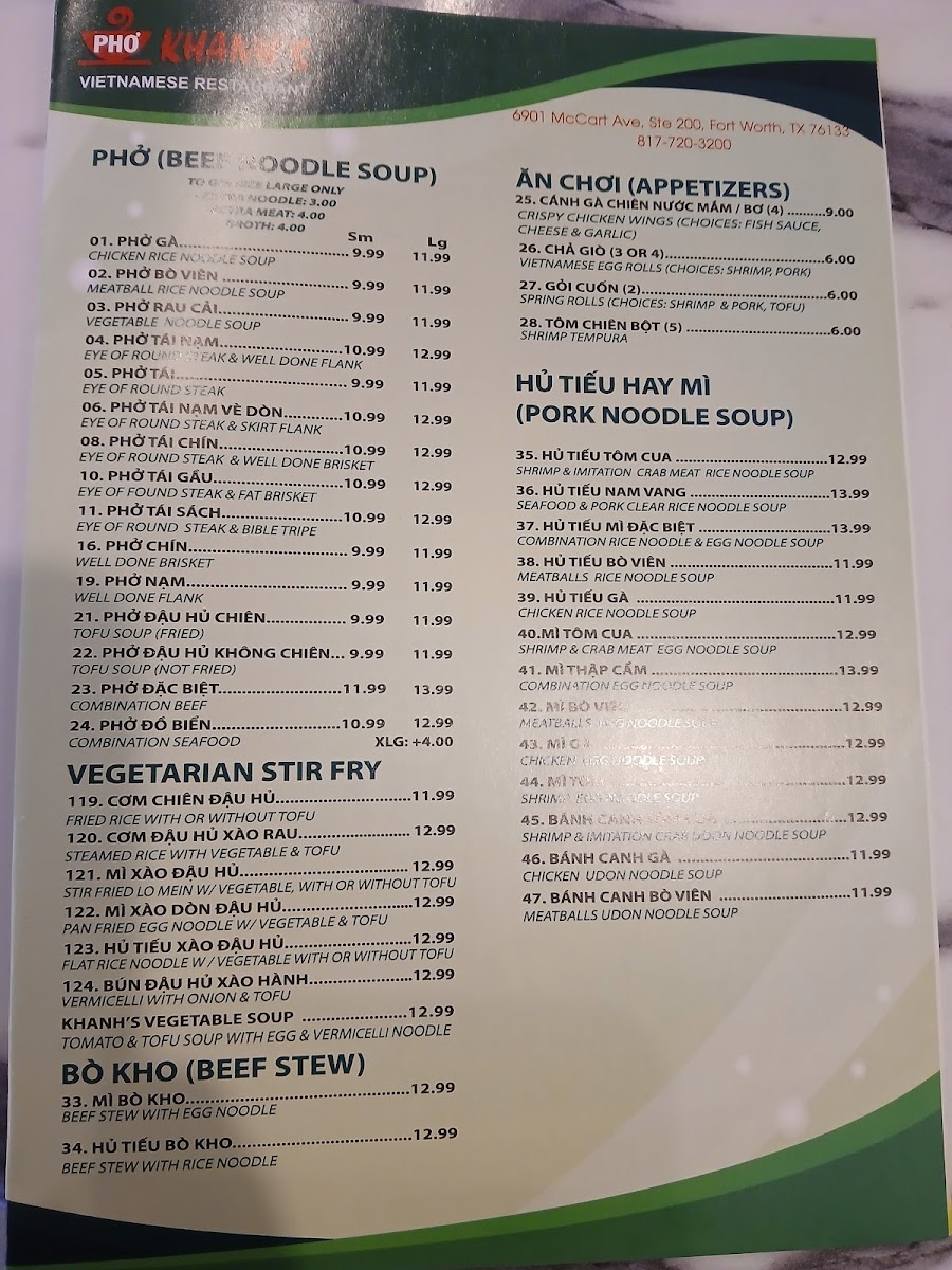 Khanh's Vietnamese Restaurant Menu - Image 1